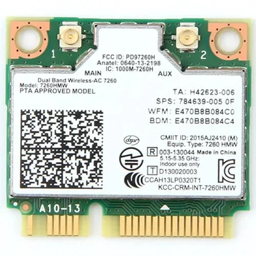 Tarjeta WIFI Inalámbrica Doble Banda Intel 7260Hmw Mini PCI-E 2.4G/5Ghz WLAN Bluetooth 4.0 802.11ac/a/b/g/n