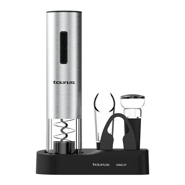 Taurus, Abridor vino Wine Up, Inalámbrico, Descorcha en 6-8’’, Luz LED, Incluye cortador cápsulas, decantador, tapón bomba vacío, base almacenamiento, cable USB