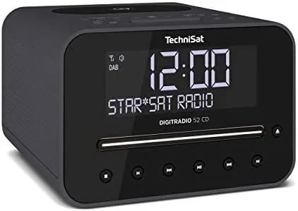 TechniSat DIGITRADIO 52 CD – Radio despertador estéreo DAB con dos alarmas ajustables (DAB+/FM, snooze, temporizador de apagado, pantalla regulable, Bluetooth, carga inalámbrica, reproductor de CD)
