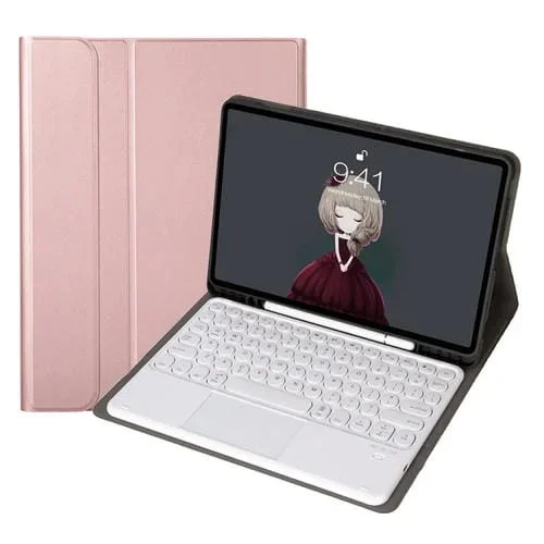 Teclado Bluetooth Ya098B-A con Caja de Cuero, Control Táctil, Soporte y Ranura para Bolígrafo para iPad Air 4 10.9 » (2020) y Pro 11 » (2020) & (2018) (Oro de Rosa)