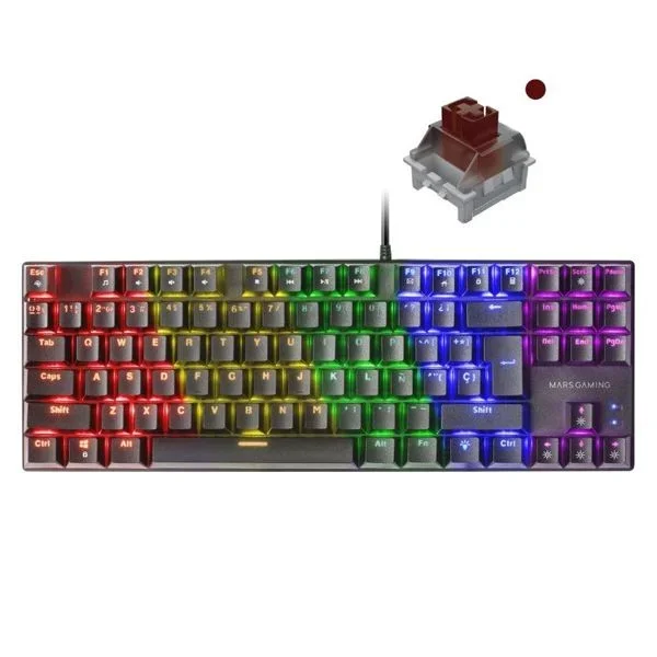 Teclado mecanico compackto tkl mars gaming mk80 black iluminacion 12efectos switch marron rgb pr de 1000hz anti-ghosting avanzado