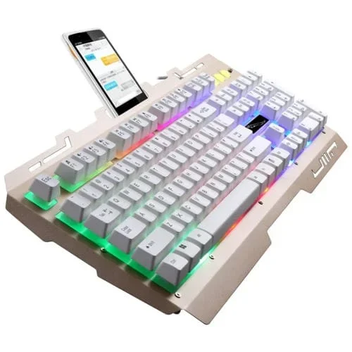Teclado Mecánico Zgb G700 104 Teclas USB Suspensión Panel Metal Brillante Juego Soporte Telefónico (Oro)