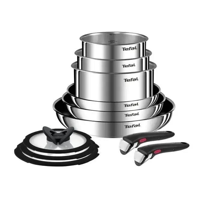 Tefal Ingenio Emotion – Batería de cocina de acero inoxidable, 11 piezas, ollas de 16/18/20 cm, sartenes de 22/24/28 cm, 3 tapas de cristal, 2 asas extraíbles