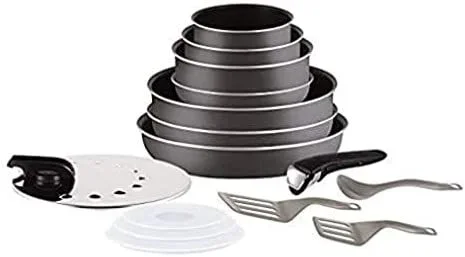 Tefal Ingenio Essential L2048802 – Batería de cocina, de 15 piezas, con sartenes, cacerolas, tapas, espátulas, cucharón, 1 asa, para todas las cocinas excepto inducción y horno, fabricada en Francia