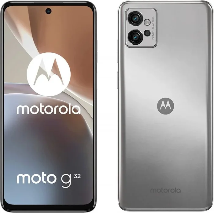 Teléfono Motorola G32 Banda 4g (Xt2235-2). Color Plata (Satin Silver), 128 GB de Memoria Interna, 4 GB de RAM, Dual Sim. Pantalla LCD de 6,5″. Cámara de 50 MP. Smartphone completamente libre.