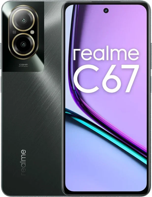 Teléfono Realme C67. Color Negro (Black Rock). 128 GB de Memoria Interna, 6 GB de RAM. Pantalla FHD+ de 6,72″. Cámara con zoom en sensor 3X de 108 MP y Frontal de 8 MP. Smartphone completamente libre.