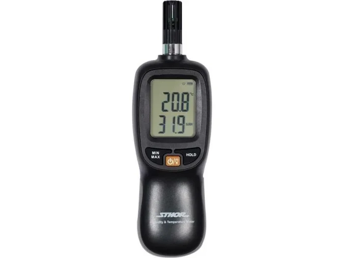 Termohigrómetro digital Sthor, modelo -20°C~70°C 0%~100%RH, ideal para control ambiental, con amplio rango de temperatura y humedad, preciso y fácil de usar.