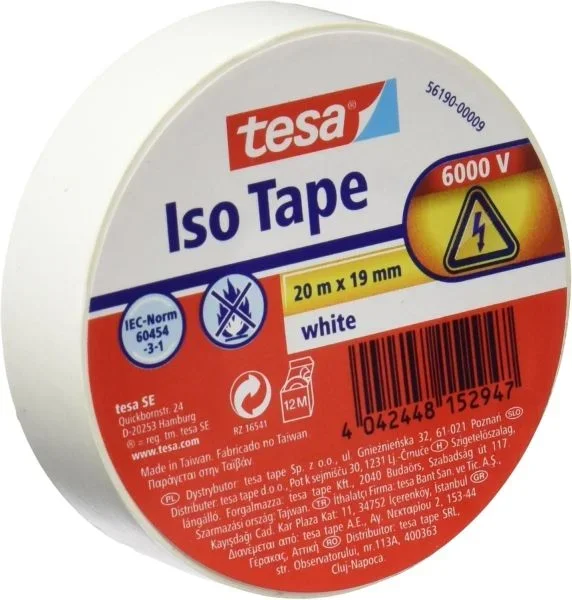 Tesa cinta aislante 19mm x 20m – fabricada en pvc – para reparar, aislar y agrupar todo tipo de cables electricos – color blanco