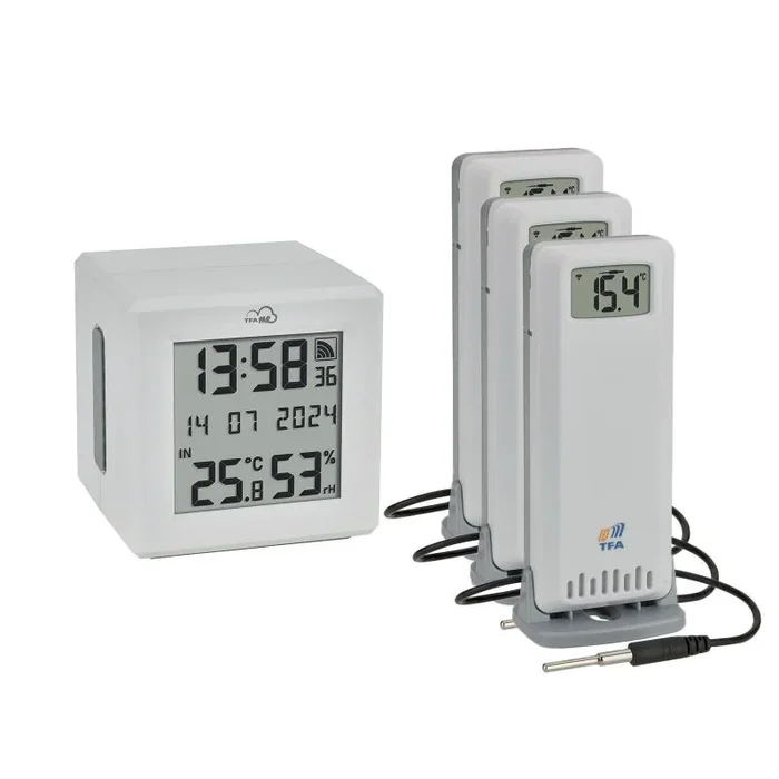 TFA Dostmann TFA.me 35.8104 – Kit de iniciación con 3 transmisores de temperatura, para monitoreo de transmisores TFA-ID, incluye portal TFA.me para PC, smartphone y tableta, con sensor de cable,