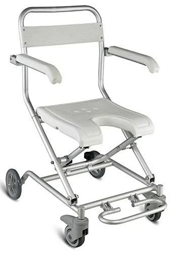 Timago Dimensiones del asiento: 40 x 37,5 cm. Altura del asiento: 47 cm. Reposabrazos plegables. Reposapiés. Estructura de aluminio con asiento de PVC y ruedas. Peso: 6 kg. Carga máxima: 100 kg.
