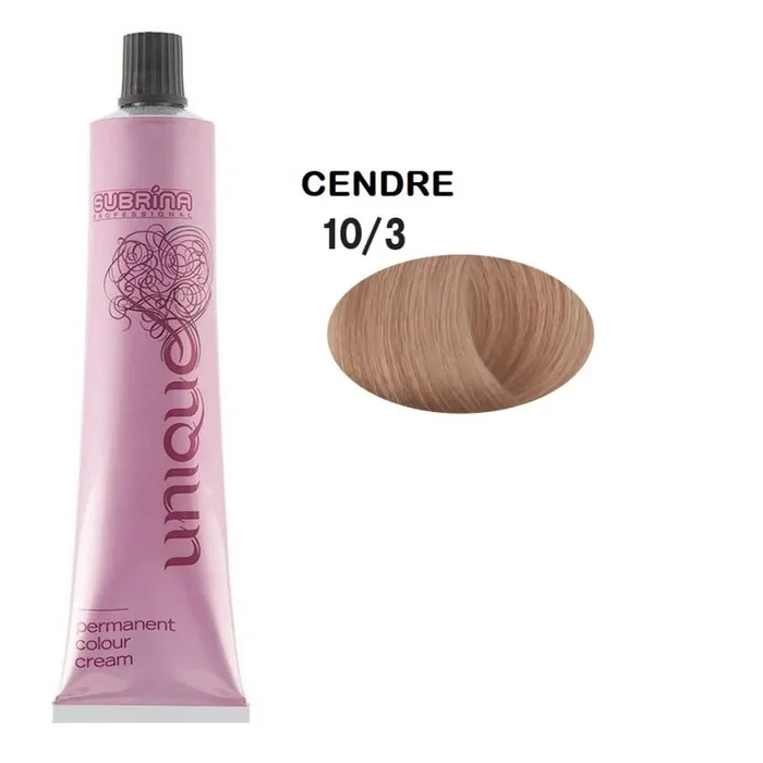 Tinte permanente para cabello Unique 10/3 Rubio claro ceniza, Subrina Professional, color duradero, cobertura total, fácil aplicación, 100 ml