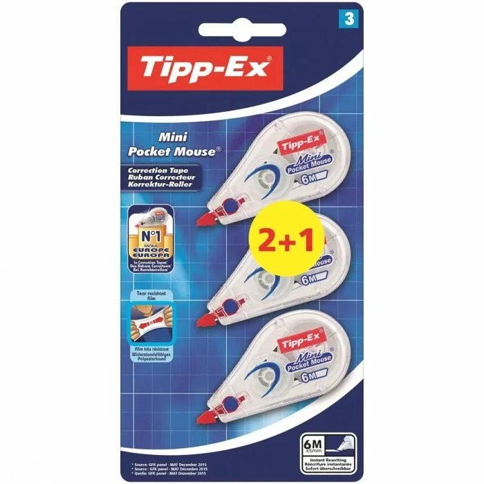 Tipp-ex mini pocket mouse 2+1 pack de 3 cintas correctoras 5mm x 6m – resistente – escritura instantanea
