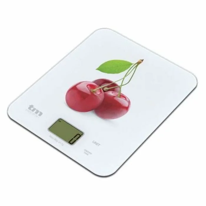 Tm Electron TMPBS022 Báscula Digital de Cocina Ultra Delgada con diseño de Cerezas, Pantalla LCD de 18 mm, Cristal, Blanco, Hasta 8 Kg