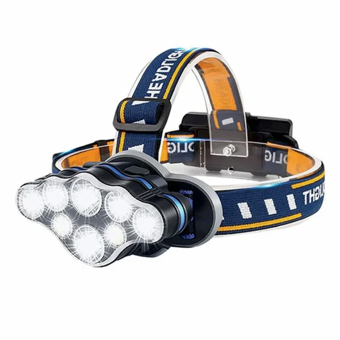 TM Electron TMTOR025 linterna frontal con 8 LED superbrillantes, 8 modos, inclinación 90º, 2 baterías recargables 1800 mAh, micro USB, fabricado en aluminio y ABS