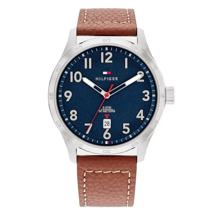Tommy Hilfiger, Reloj Forrest para Hombre con Esfera Marino, Cuero de Vaca marrón-1710559, Moderno, Azul 1710559