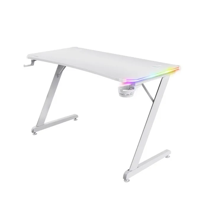 Trust Gaming GXT 709W Luminus Mesa Gaming LED RGB, 10 Modos de Color, Alimentación USB, Soporte de Auriculares y para Vasos, Escritorio Blanco 120 x 60 para Ordenador, Oficina, Gamer