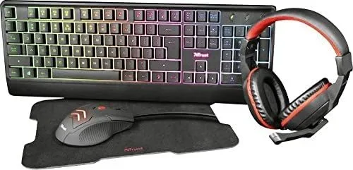 Trust gaming ziva 4 in 1 pack teclado iluminacion rgb + raton 3000dpi iluminacion rgb + auriculares + alfombrilla – uso ambidiestro