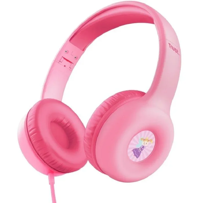 Trust Nouna Auriculares con Cable para Niños 4-10 Años, Límite de Volumen (85dB), Cascos Plegables con Micrófono Incorporado y Adhesivos, Cable 3.5mm, Auriculares Infantiles para Switch, Rosa