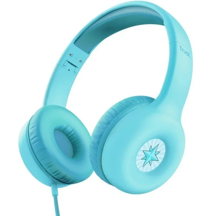 Trust Nouna Auriculares con Cable para Niños 4-10 Años, Límite de Volumen (85dB), Cascos Plegables con Micrófono Incorporado y Adhesivos, Cable 3.5mm, Auriculares Infantiles para Switch, Azul