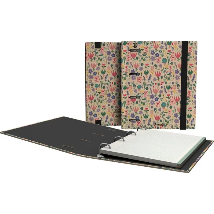 Unipapel – Carpeta 4 Anillas Ecológica A5, Incluye Recambio 90 Hojas Recicladas 90g, Cuadriculas 5×5, Bandas de Color, Uninature Design Holanda, FSC Recycled 100%, Carpebook