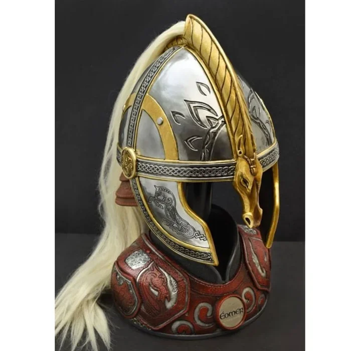UNITED CUTLERY Yelmo de Eomer de Lord of Rings con Soporte de exhibición, réplica precisa de película, construcción de Metal, Protector de Cuello de Cuero, Cola de Pelo de Caballo Falsa