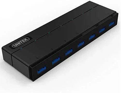 UNITEK Hub 7 Port USB 3.0 aktiv mit Stromversorgung, Datenhub Multiport Verteiler für PC, Laptop, Tastatur, Mouse, Drucker, iOS (Mac) + Windows Kompatibilität, Plug&Play, Schwarz