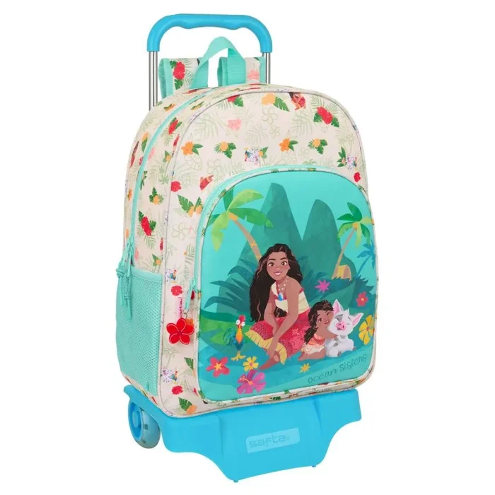 VAIANA – Mochila Escolar Grande con Carro, Mochila Niño, Mochila Infantil, Adaptable a Carro, Ideal para Niños en Edad Escolar, Cómoda y Versátil, Calidad y Resistencia, 33x15x42 cm, Color Beige/Azul