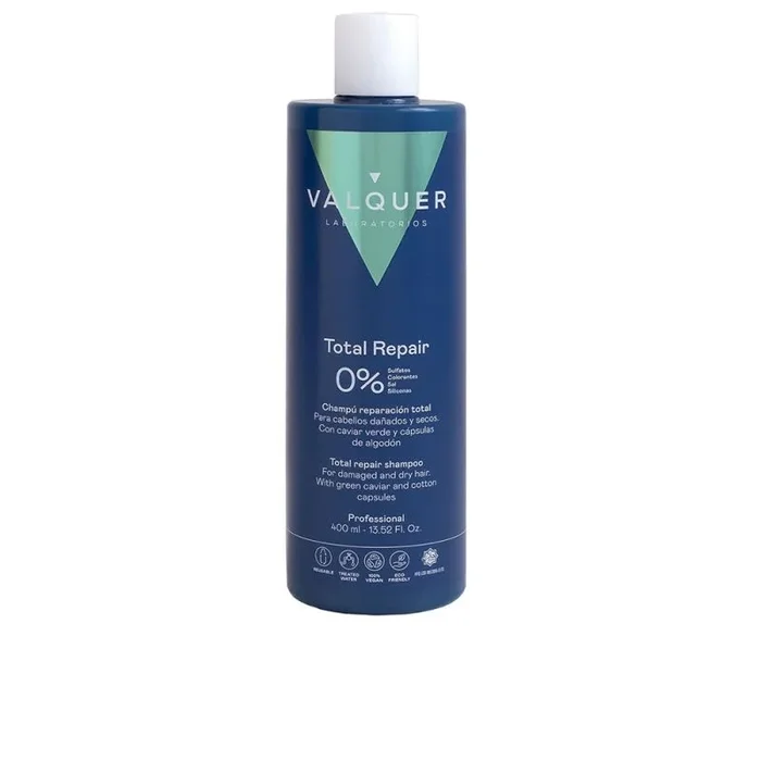 Valquer Champú Total Repair Zero. Repara, Suaviza e Hidrata el Cabello Dañado y Seco. Hidratación Intensa y Nutritiva. Con Caviar Verde, Panthenol, Vitamina E y Cápsulas de Algodón. Vegano. 400 ml