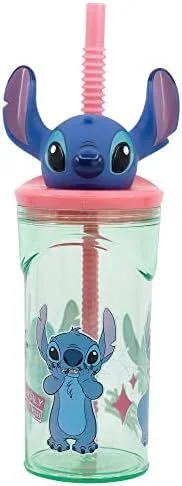 Vaso Infantil Reutilizable con Pajita y Tapa con figurita 3D y Capacidad de 360 ml de Stitch