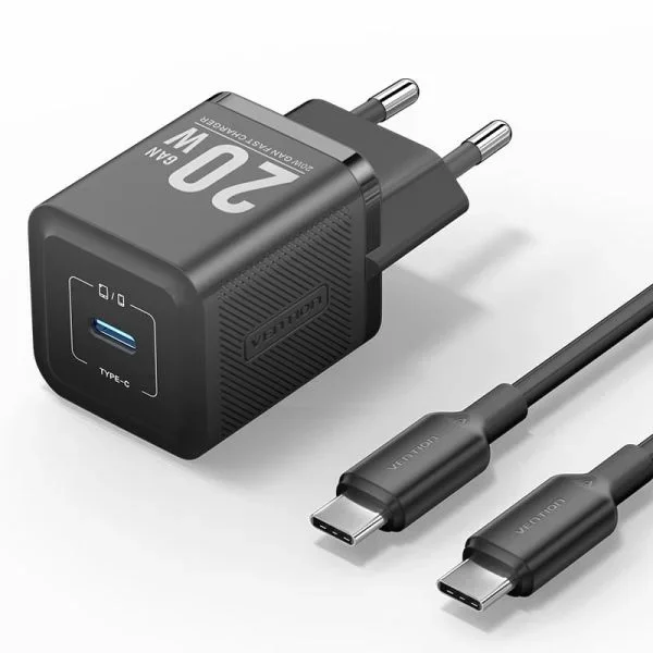 Vention cargador de pared gan usb-c 20w – cable usb-c 1m – color negro