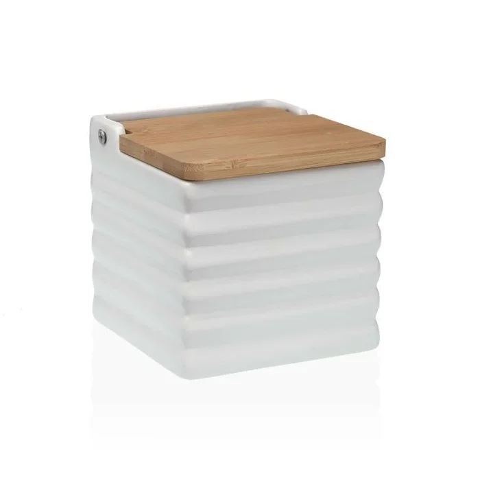 Versa Salero con Tapa Rayas Blanco Cerámica Bambú Dolomita 11 x 11 x 11 cm – Marca EAN: 8420327541468