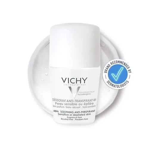 Vichy Desodorante en Formato Roll-On, Para Mujer, Antimarcas, Antitranspirante, Apto para Piel Sensible o Recién Depilada, Protección de hasta 48 Horas de Eficacia, Sin alcohol, Sin perfume, 50 ml