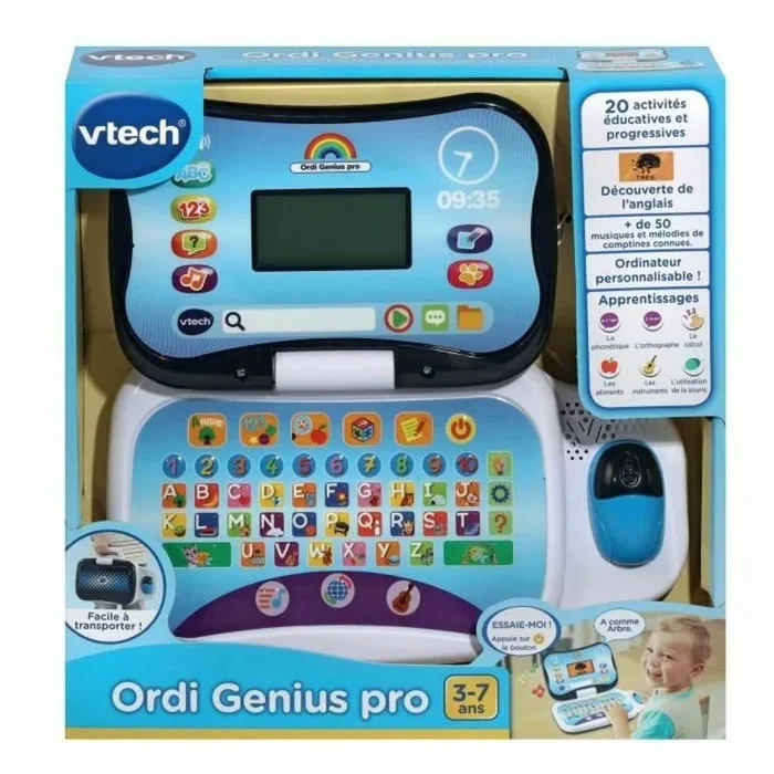 VTech Ordi Genius Pro Negro, Ordenador portátil Infantil con Pantalla retroiluminada, ratón, 20 Juegos escalables, Juguete Educativo, Regalo para niños de 3 años a 7 años, Contenido en francés e