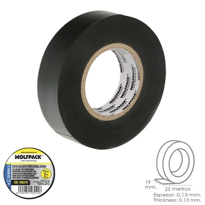 WOLFPACK LINEA PROFESIONAL 14063115 Profesional Negra Espesor 0.13 mm. Ancho 19 mm. Rollo 25 Metros Electricista, Cinta Aislante Cables, Multicolor