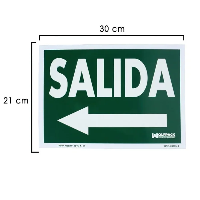 WOLFPACK LINEA PROFESIONAL – Cartel / Señal Fluorescente Salida A Izquierda 21×30 cm.