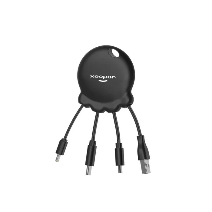 Xoopar – Octopus Booster – Powerbank + Cable Conector Multi USB – Concentrador USB 4 en 1: USB C, USB y Micro USB – Cable Cargador Universal y batería Externa de 1.000mAh- Formato Llavero (Black)