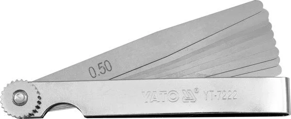 YATO, modelo YT-7222, Galga de espesores, plata, medidas 0.05, 0.06, 0.07, 0.08, 0.09, 0.1, 0.2, 0.3, 0.4, 0.5 mm, herramienta profesional de alta precisión.