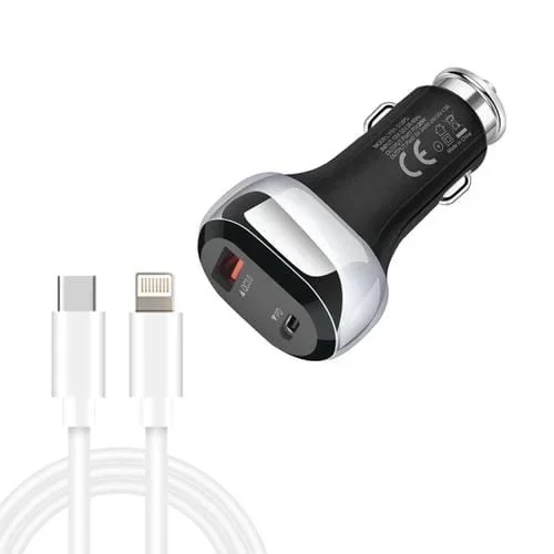 Ysy-312Pd Qc3.0 18W Usb + Pd 20W Usb-C / Cargador De Automóvil Tipo-C Con El Cable De Datos Tipo-C A 8 Pin (Negro)